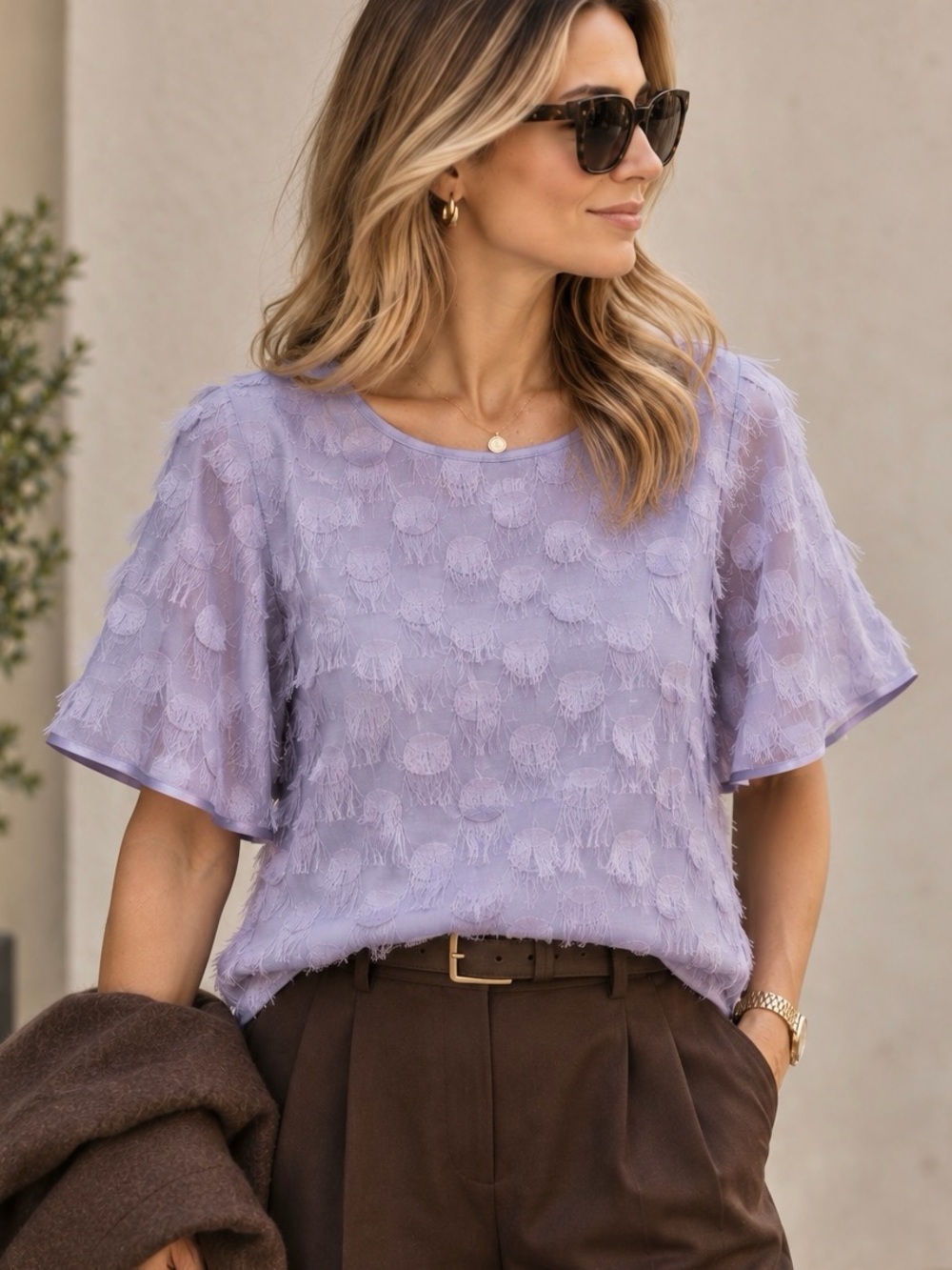Banana Republic Lilac Purple Textured Fringe Flutter Sleeve Blouse M
